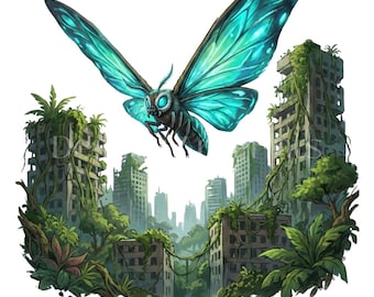 MOTHRA PNG vibrante, descarga digital, diseño de camiseta Kaiju con alas divinas, arte de fan de la Reina de los Monstruos, archivo de impresión por sublimación DTG