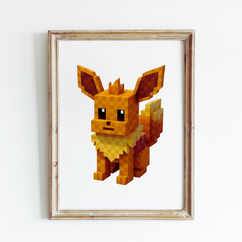 Puede incluir: Impresi&oacute;n enmarcada con un personaje Eevee pixelado en tonos naranja, marr&oacute;n y amarillo. La obra de arte tiene una apariencia 3D en bloques, con un aspecto texturizado. La impresi&oacute;n est&aacute; enmarcada en un marco de madera clara, adecuada para una habitaci&oacute;n infantil o una colecci&oacute;n.