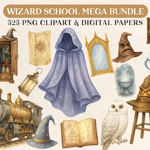 K&ouml;nnte beinhalten: Aquarellillustrationen mit dem Thema Zauberschule. Enth&auml;lt einen blauen Umhang, einen Hut, eine Eule, einen Zug, einen Schrank, einen Spiegel, ein Buch und andere magische Elemente. Der Text lautet "WIZARD SCHOOL MEGA BUNDLE 525 PNG CLIPART & DIGITAL PAPERS."