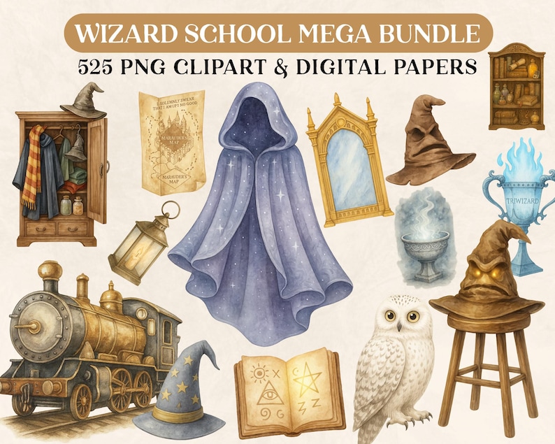 K&ouml;nnte beinhalten: Aquarellillustrationen mit dem Thema Zauberschule. Enth&auml;lt einen blauen Umhang, einen Hut, eine Eule, einen Zug, einen Schrank, einen Spiegel, ein Buch und andere magische Elemente. Der Text lautet "WIZARD SCHOOL MEGA BUNDLE 525 PNG CLIPART & DIGITAL PAPERS."
