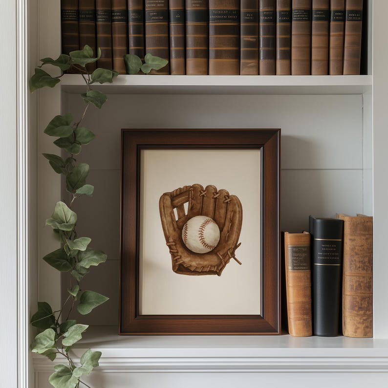 May include: A framed print featuring a baseball glove and ball. The artwork is in a brown wooden frame and rests on a white shelf. Decorative books and greenery are also visible, creating a classic, vintage aesthetic.