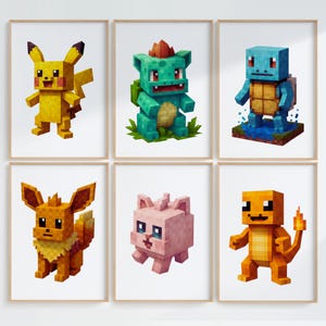 Puede incluir: Seis impresiones enmarcadas con versiones pixeladas de personajes populares, incluyendo Pikachu, Bulbasaur, Squirtle, Eevee, Jigglypuff y Charmander. Cada personaje se representa en un estilo 3D en bloques, con colores vibrantes y rasgos distintivos.