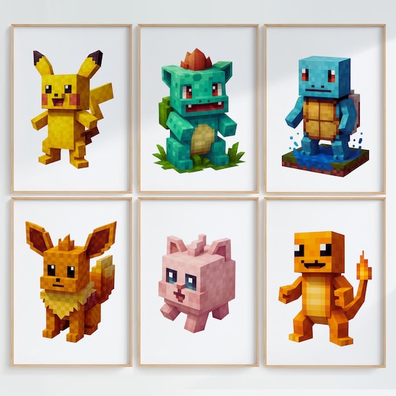 Set of 6 Pokemon Watercolor Digital Prints Pokemon Poster Pikachu Eevee Bulbasaur Charmander Squirtle Wall Art Minecraft Digital Download