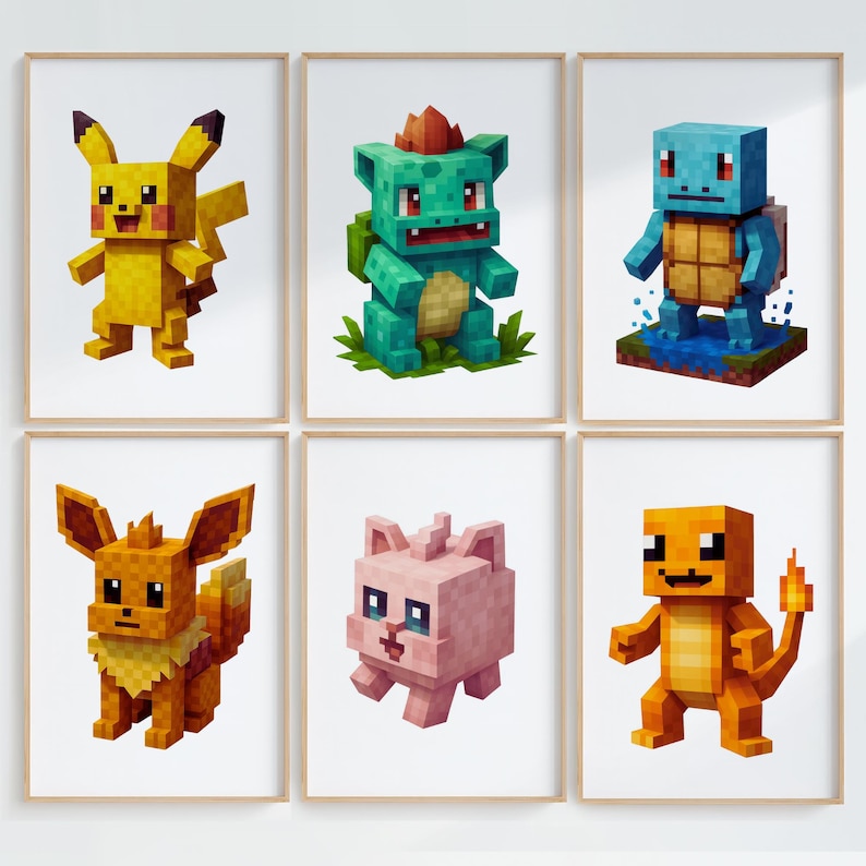 Puede incluir: Seis impresiones enmarcadas con versiones pixeladas de personajes populares, incluyendo Pikachu, Bulbasaur, Squirtle, Eevee, Jigglypuff y Charmander. Cada personaje se representa en un estilo 3D en bloques, con colores vibrantes y rasgos distintivos.