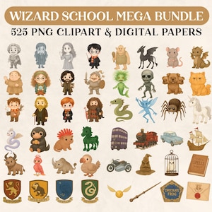 K&ouml;nnte beinhalten: Eine Sammlung von 525 PNG-Clipart- und Digitalpapieren mit dem Thema Zauberschule. Das Bild zeigt verschiedene Charaktere, Kreaturen und Objekte, darunter ein Zug, ein Auto, ein Schiff und ein goldener Schnatz. Der Text "WIZARD SCHOOL MEGA BUNDLE" steht oben.