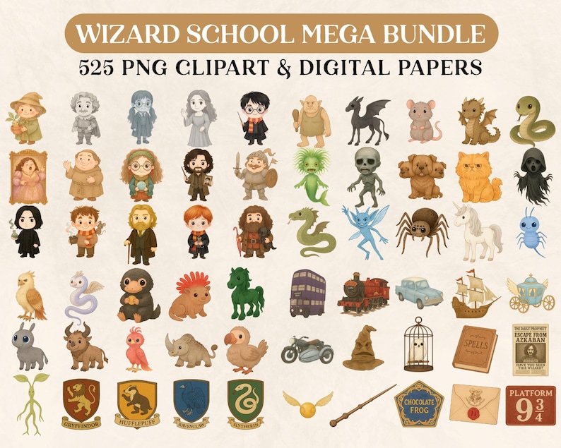 K&ouml;nnte beinhalten: Eine Sammlung von 525 PNG-Clipart- und Digitalpapieren mit dem Thema Zauberschule. Das Bild zeigt verschiedene Charaktere, Kreaturen und Objekte, darunter ein Zug, ein Auto, ein Schiff und ein goldener Schnatz. Der Text "WIZARD SCHOOL MEGA BUNDLE" steht oben.