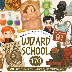 K&ouml;nnte beinhalten: Eine Sammlung von Clipart im Aquarellstil mit Elementen einer Zauberschule. Enth&auml;lt Illustrationen eines Zuges, eines Busses, einer Zeitung, Zaubertr&auml;nke-Fl&auml;schchen und Charaktere. Der Text "WIZARD SCHOOL" und "170" sind ebenfalls sichtbar.