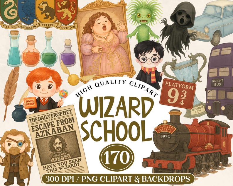 K&ouml;nnte beinhalten: Eine Sammlung von Clipart im Aquarellstil mit Elementen einer Zauberschule. Enth&auml;lt Illustrationen eines Zuges, eines Busses, einer Zeitung, Zaubertr&auml;nke-Fl&auml;schchen und Charaktere. Der Text "WIZARD SCHOOL" und "170" sind ebenfalls sichtbar.