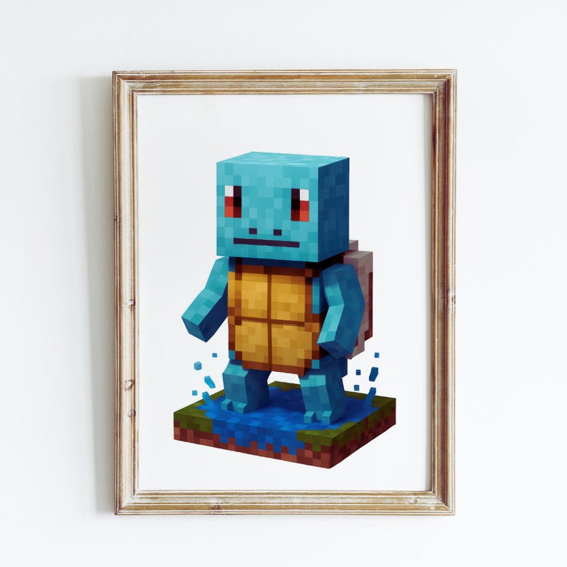 Puede incluir: Impresi&oacute;n enmarcada que presenta una criatura pixelada azul con forma de tortuga de pie en el agua. La criatura tiene un caparaz&oacute;n marr&oacute;n y ojos rojos. La obra de arte est&aacute; enmarcada en un marco de madera marr&oacute;n claro.