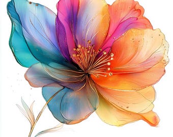 10 imágenes prediseñadas de flores arcoíris festivas / Impresión de flores abstractas / Arte floral de acuarela multicolor / Arte de diario basura de papel JPG de alta calidad