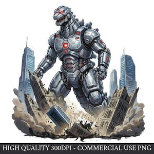 May include: A metallic silver robot monster with red accents, destroying buildings in a city. The image is a digital illustration with the text "HIGH QUALITY 300DPI - COMMERCIAL USE PNG" at the bottom.