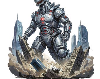 MECHAGODZILLA PNG, descarga digital, diseño de camiseta de Kaiju robótico, fan art de monstruo cibernético, archivo de impresión por sublimación DTG