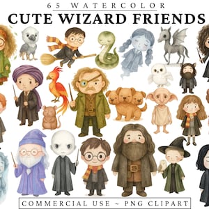 K&ouml;nnte beinhalten: Aquarellillustration mit 65 niedlichen Zaubererfreunden. Das Bild zeigt verschiedene Charaktere, Tiere und Objekte aus einem Fantasy-Thema. Der Text oben lautet "65 Watercolor" und "Cute Wizard Friends". Der Text unten lautet "Commercial Use ~ PNG Clipart".