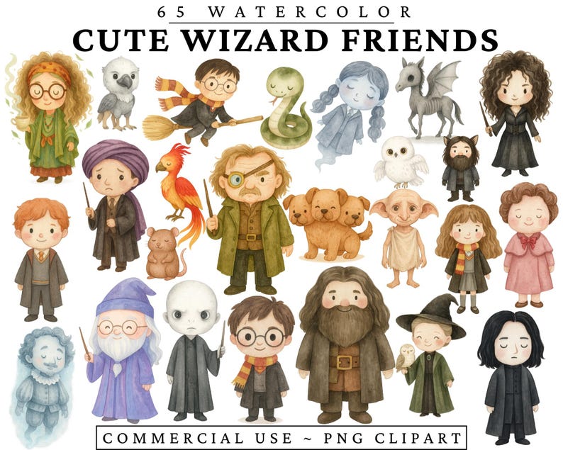 K&ouml;nnte beinhalten: Aquarellillustration mit 65 niedlichen Zaubererfreunden. Das Bild zeigt verschiedene Charaktere, Tiere und Objekte aus einem Fantasy-Thema. Der Text oben lautet "65 Watercolor" und "Cute Wizard Friends". Der Text unten lautet "Commercial Use ~ PNG Clipart".