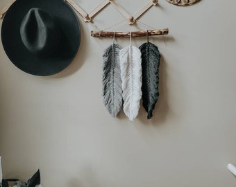 Grey macrame feather hanger