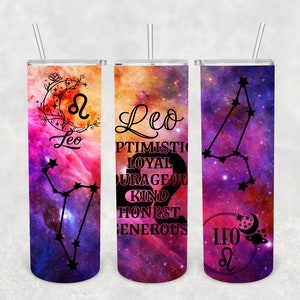 Leo 20 oz Straight Skinny Tumbler Sublimation Design, Zodiac Astrology, Pink Galaxy background, Stars and Symbols, PNG Digital Download