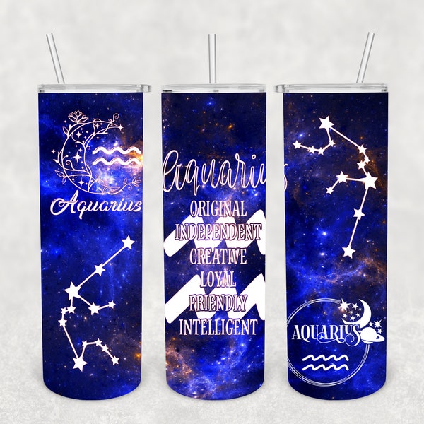 Aquarius, 20oz Straight Skinny Tumbler Sublimation Design, Zodiac Astrology, Blue Galaxy background, Stars and Symbols, PNG Digital Download