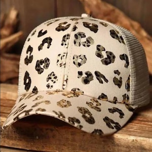 Leopard Mesh Criss-Cross Baseball Cap Hollow Out Ponytail Hat, Adjustable Summer Hat for Women