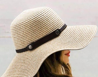 Women Beige Black Foldable Wide Floppy Brim, Sun Protection Wide Brim Summer Straw Hat