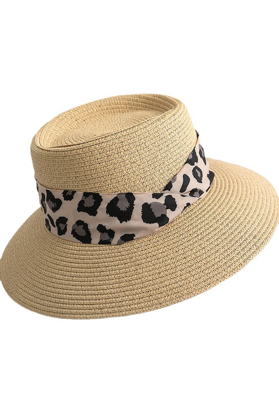 Khaki Leopard Band Straw Woven Sun Hat for Women - Etsy display picture 1
