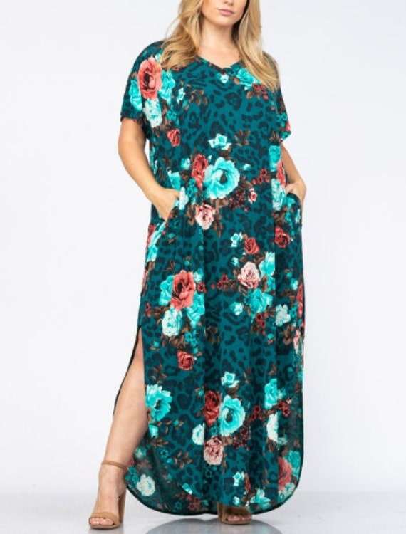 Women's Plus Size Casual Loose Sundress Dark Teal Animal and Elegant Floral  Print With Pockets - Etsy