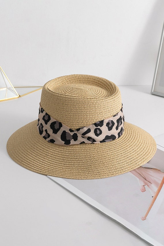 Khaki Leopard Band Straw Woven Sun Hat for Women - Etsy display picture 3