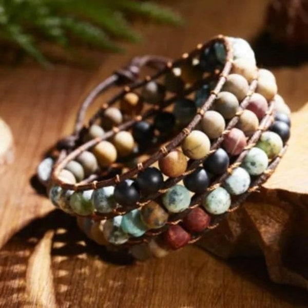 3 Layer leather Rope Bracelet, Matte Stone Bohemian Handmade wrap bracelet, boho stacking and healing bracelet with multi-color Black Friday