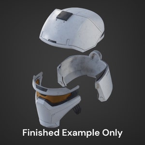 May include: A white helmet with a visor and a face mask. The helmet is disassembled into four pieces, showing the interior of the helmet.