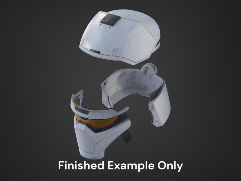 May include: A white helmet with a visor and a face mask. The helmet is disassembled into four pieces, showing the interior of the helmet.
