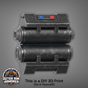 May include: A DIY 3D printed black device with a weathered texture, featuring two cylindrical components and a top section with blue and red accents. The text "This is a DIY 3D Print (Do It Yourself)" is visible.
