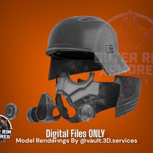 May include: A black and gray helmet and face mask set, with a visor and breathing apparatus, against an orange background. The text "Digital Files ONLY" and "Outer Rim Armorer" are also visible.