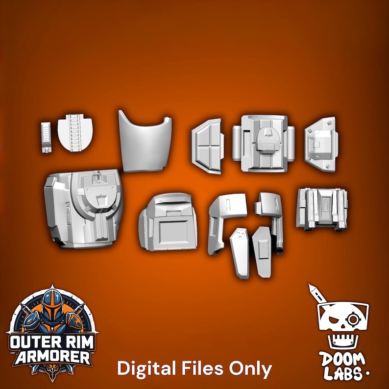 May include: A collection of white, unpainted 3D-printed armor components featuring various geometric shapes, panels, and mechanical details. The set includes chest, shoulder, and utility pieces arranged on an orange background with text reading Digital Files Only.