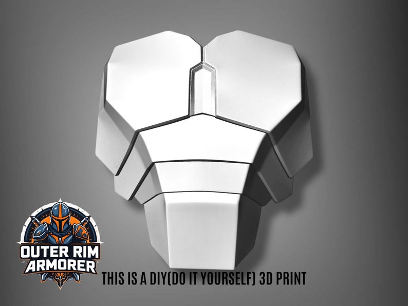 Puede incluir: Una pieza de armadura de pecho blanca y geom&eacute;trica, probablemente impresa en 3D, con un dise&ntilde;o segmentado. La armadura tiene una apariencia en capas y est&aacute; sobre un fondo degradado gris. El texto en la parte inferior dice "THIS IS A DIY(DO IT YOURSELF) 3D PRINT".