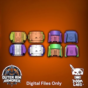 May include: A collection of eight distinct 3D-modeled armor components arranged in two rows. The pieces feature varied color schemes including metallic gold, copper, purple, blue, silver, and green. Text reads Outer Rim Armorer and Doom Labs.