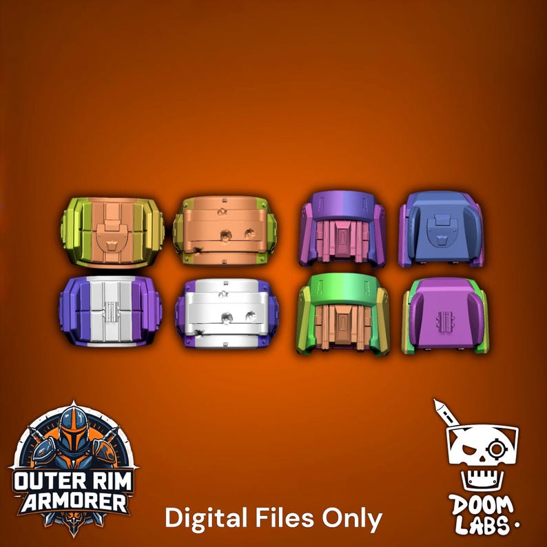 May include: A collection of eight distinct 3D-modeled armor components arranged in two rows. The pieces feature varied color schemes including metallic gold, copper, purple, blue, silver, and green. Text reads Outer Rim Armorer and Doom Labs.