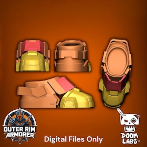 May include: A set of 3D rendered armor boot components in tan, gold, and red. The pieces show front, side, and top-down views of the footwear. Text at the bottom reads "OUTER RIM ARMORER", "Digital Files Only", and "DOOM LABS" with a skull logo.