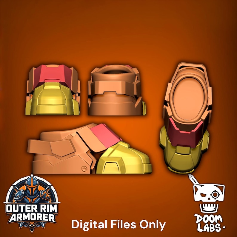 May include: A set of 3D rendered armor boot components in tan, gold, and red. The pieces show front, side, and top-down views of the footwear. Text at the bottom reads "OUTER RIM ARMORER", "Digital Files Only", and "DOOM LABS" with a skull logo.