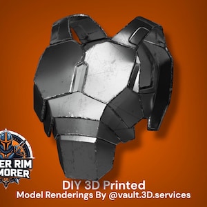 May include: A metallic black chest plate armor piece with a segmented, angular design. The surface features a weathered, distressed finish with visible scuffs and highlights. The text "OUTER RIM ARMORER", "DIY 3D Printed", and "Model Renderings By @vault.3D.services" is visible.