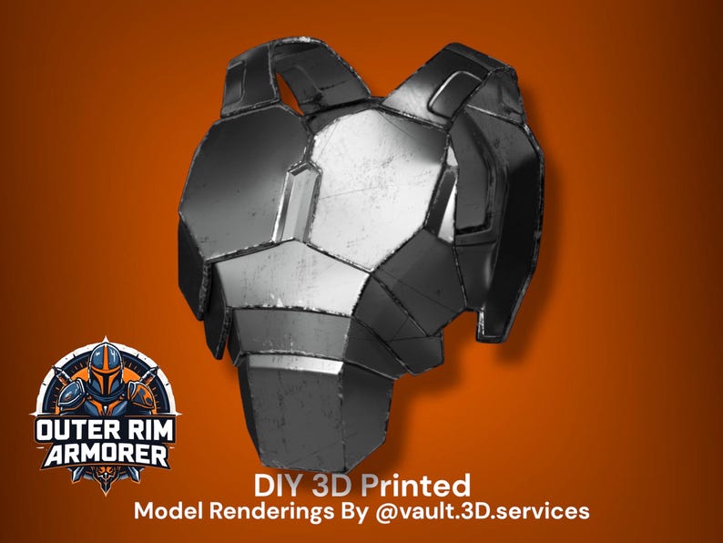 May include: A metallic black chest plate armor piece with a segmented, angular design. The surface features a weathered, distressed finish with visible scuffs and highlights. The text "OUTER RIM ARMORER", "DIY 3D Printed", and "Model Renderings By @vault.3D.services" is visible.