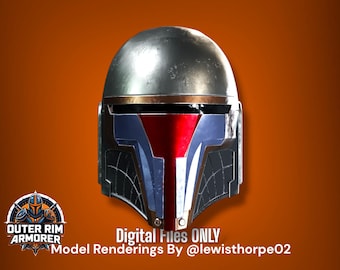 May include: A metallic silver and red Mandalorian helmet with blue and black accents. The helmet has a weathered appearance and is set against an orange background. The text "Digital Files ONLY" is visible.