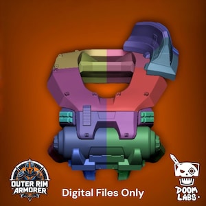 May include: A multi-colored 3D model of a chest armor piece featuring segmented plates, a central rectangular opening, and a cylindrical base component. The design includes the text "Outer Rim Armorer", "Digital Files Only", and "Doom Labs".