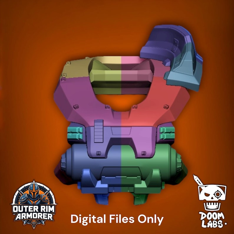 May include: A multi-colored 3D model of a chest armor piece featuring segmented plates, a central rectangular opening, and a cylindrical base component. The design includes the text "Outer Rim Armorer", "Digital Files Only", and "Doom Labs".