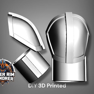 Puede incluir: Un conjunto de piezas de armadura plateadas impresas en 3D, que incluyen un casco y protectores de hombros, sobre un fondo degradado gris. La imagen incluye el texto "DIY 3D Printed" y un logotipo de "Outer Rim Armorer".