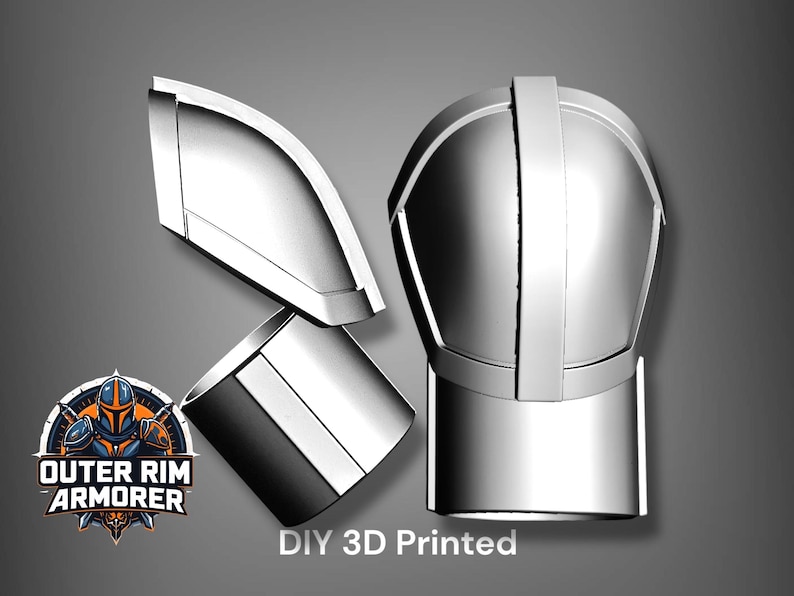 Puede incluir: Un conjunto de piezas de armadura plateadas impresas en 3D, que incluyen un casco y protectores de hombros, sobre un fondo degradado gris. La imagen incluye el texto "DIY 3D Printed" y un logotipo de "Outer Rim Armorer".