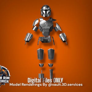 Op de afbeelding: Een gedemonteerde zilverkleurige Mandalorian harnasset, inclusief helm, borstplaat, schouderstukken, armbeschermers, beenpantser en andere componenten. De bepantsering wordt getoond tegen een oranje gradiënt achtergrond. Tekst: "Digital Files ONLY".