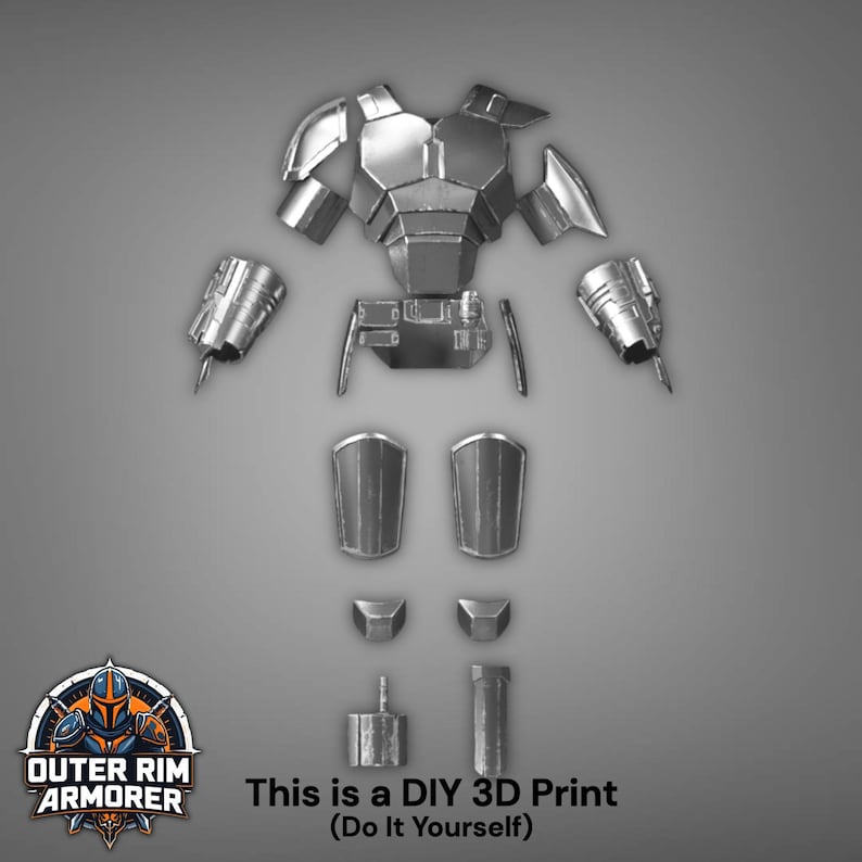 Puede incluir: Un conjunto de armadura desmontada, plateada met&aacute;lica, impresa en 3D para hacer uno mismo. El conjunto incluye componentes de pecho, hombros, brazos y piernas. La imagen tambi&eacute;n presenta el logotipo de Outer Rim Armorer y el texto "This is a DIY 3D Print (Do It Yourself)".