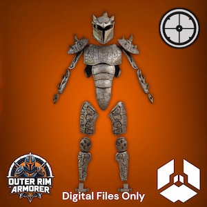 May include: A complete set of silver-coloured armour, including a helmet, chest plate, shoulder pads, and leg and arm pieces. The armour is displayed against an orange background. The text "Digital Files Only" is visible.