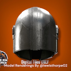 May include: A metallic silver helmet with a smooth, rounded dome and a central vertical ridge. The helmet features a wide, open face area and side ear caps. Text at the bottom reads: Digital Files ONLY Model Renderings By @lewisthorpe02.