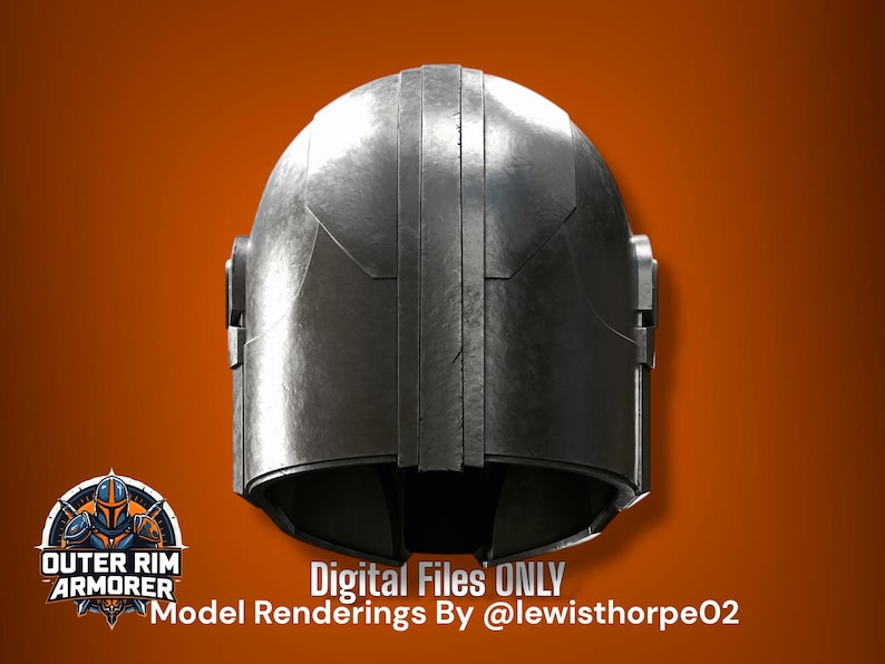 May include: A metallic silver helmet with a smooth, rounded dome and a central vertical ridge. The helmet features a wide, open face area and side ear caps. Text at the bottom reads: Digital Files ONLY Model Renderings By @lewisthorpe02.