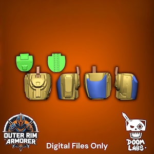 May include: A set of 3D printed armor components including two bright green pieces and four gold and blue modular sections. The gold pieces feature blue accents and brown vertical tabs. Text at the bottom reads: Outer Rim Armorer, Digital Files Only, Doom Labs.